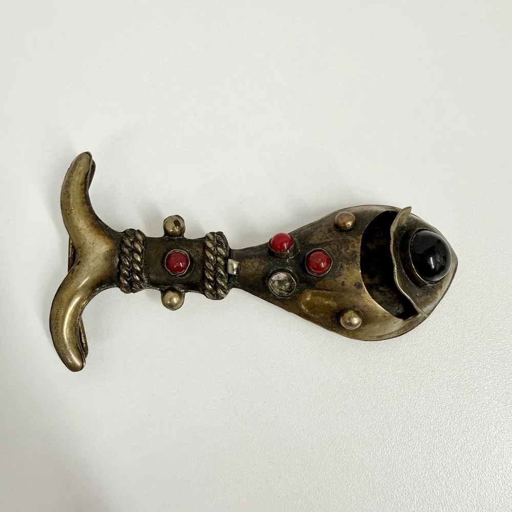 Vintage Betancourt Brass Fish Belt Buckle Made in Mexico Black & Red Cabochons
